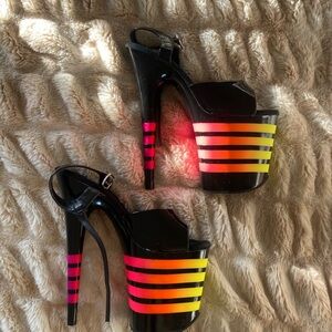 Pleaser Black Platform Heels with Neon Yellow Orange Pink Stripes